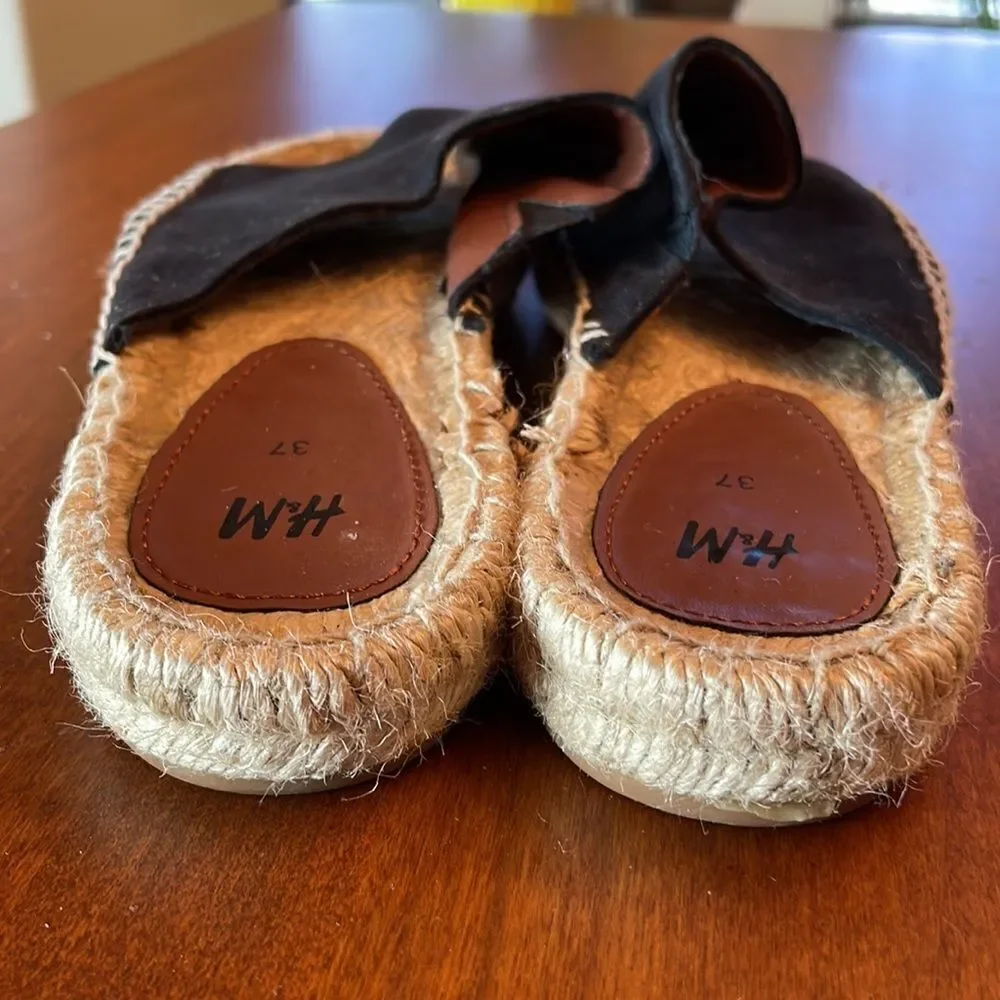 H&M Black Suede Espadrille Slides - Size 37
